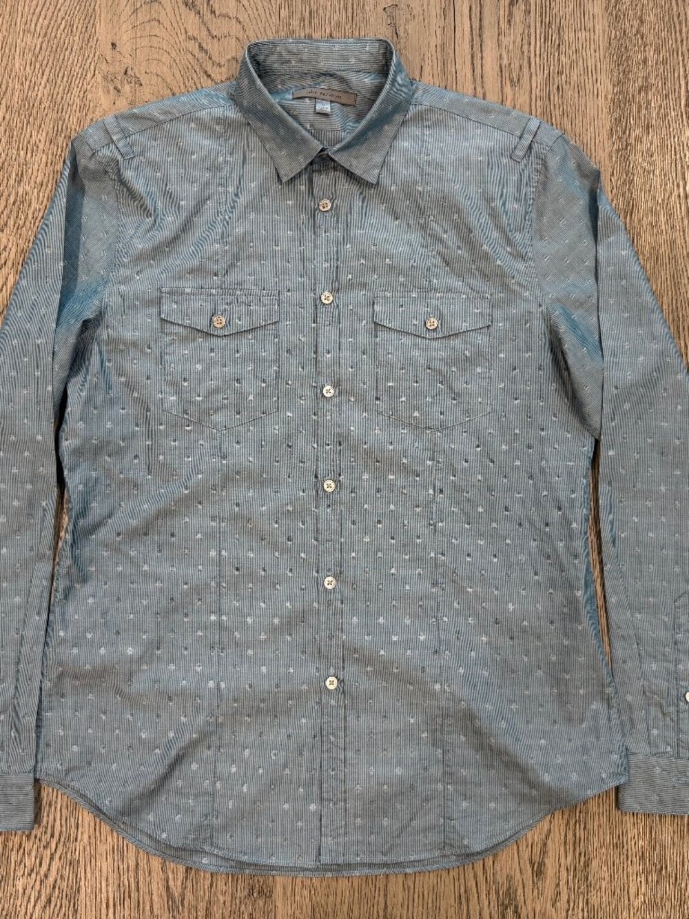 John Varvatos Men's Medium W362S2 100% Cotton Long Sleeve Shirt Blue Dobby $228